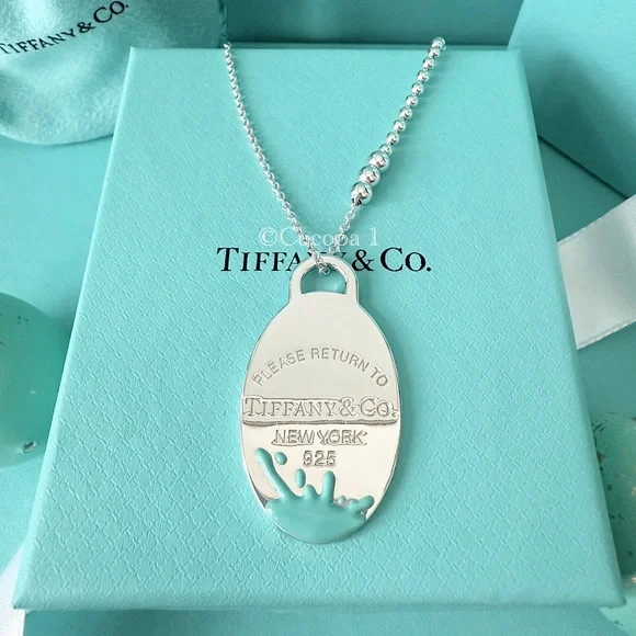 🩵 Tiffany & Co. 🎨 RARE Return To Tiffany Blue Splash Tag Oval Pendant 🤍 - Picture 1 of 15